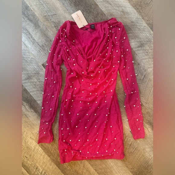 SHEIN BAE bright pink short dress, small shimmer with pearls NWT - Picture 1 of 5
